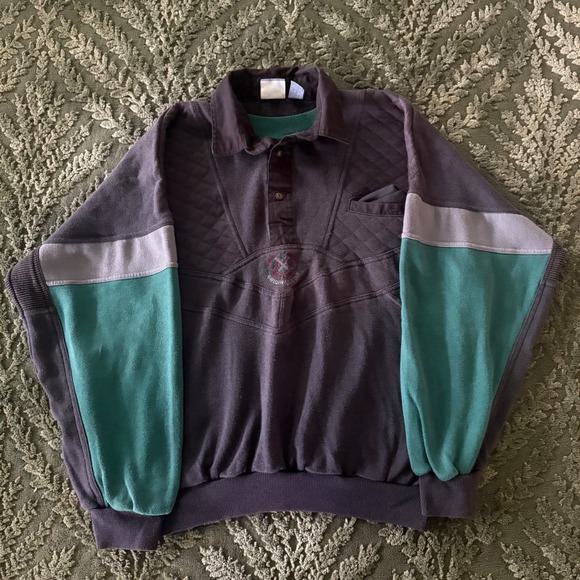 Todays News Other - Vintage Colorblock Quilted Polo Sweatshirt Purple Teal Mens Large
